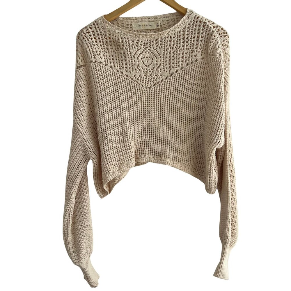 Happy Nature Crochet Knit Sweater Boho Crop Balloon Sleeve Cotton M Festival - Picture 1 of 7